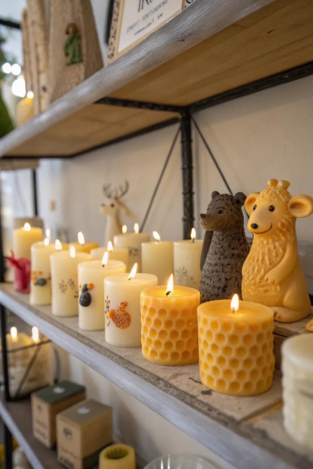 Candles showcasing jocular characters introduce a whimsical dimension.