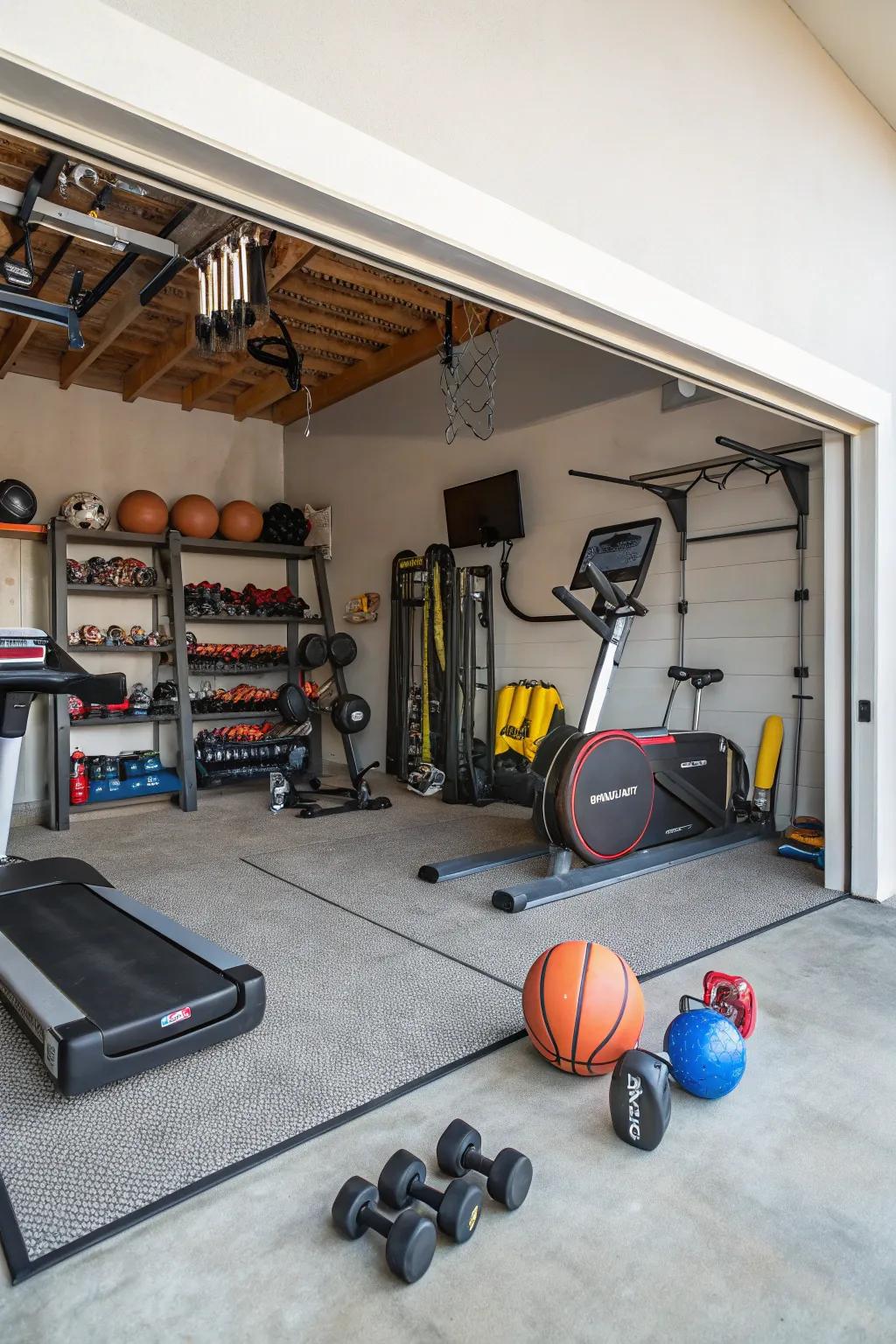A fitness and play zone in the garage with gym equipment.