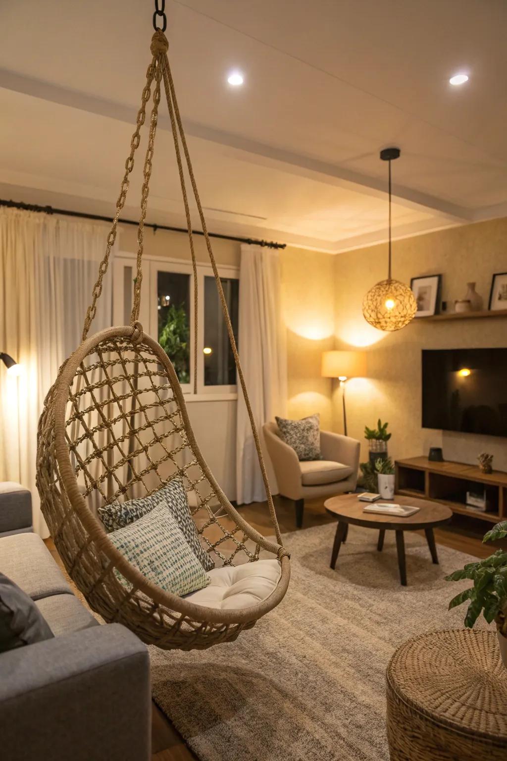 A suspended chair appends a whimsical nuance to this fashionable living room.