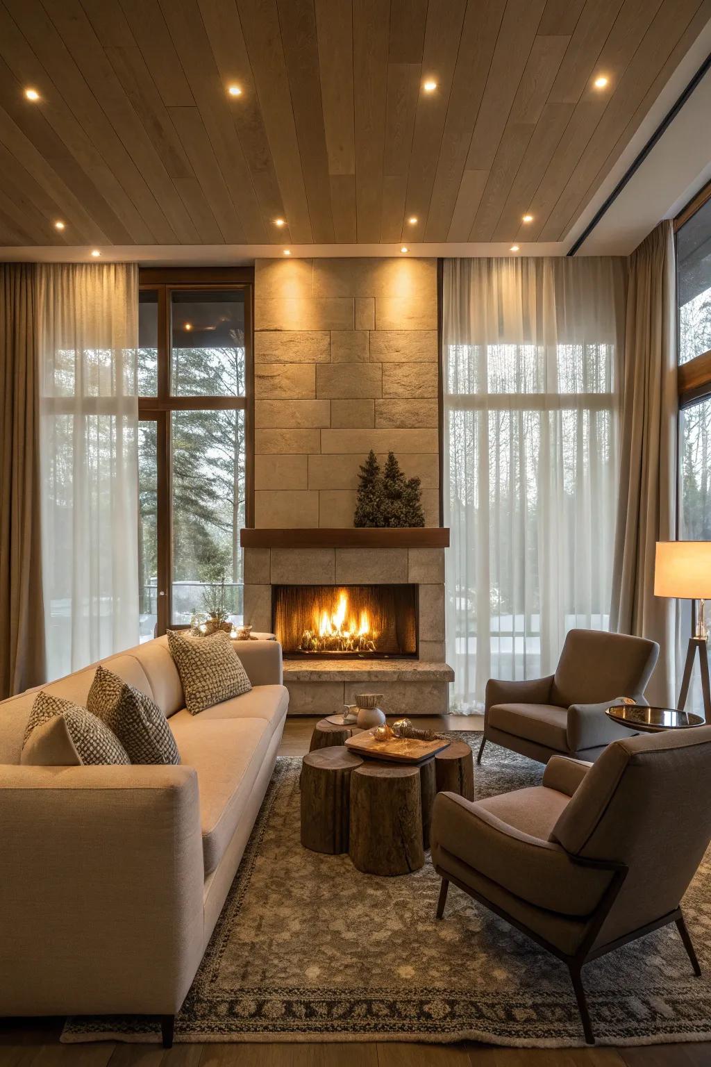A fireplace acts as a warm focal point within your living room.