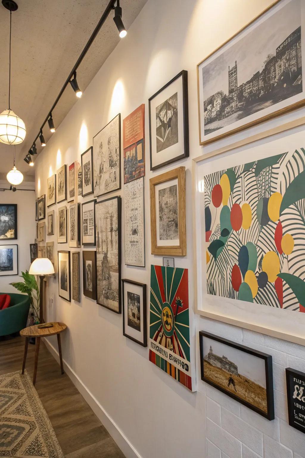Combine different art styles for an eclectic wall display.