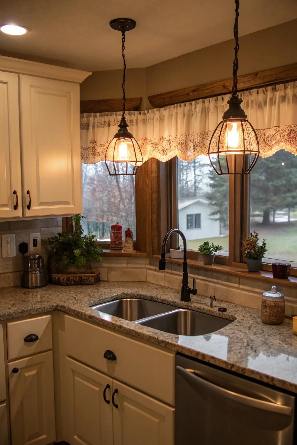 Pendant lights hung over a corner sink, increasing both function and atmosphere.