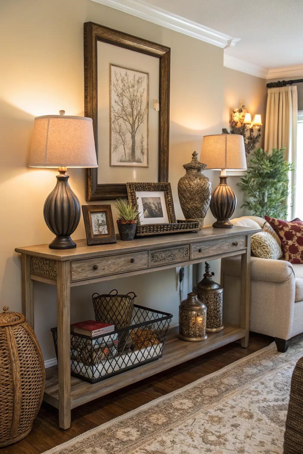 A console table provides a stylish surface for decor and functional storage.