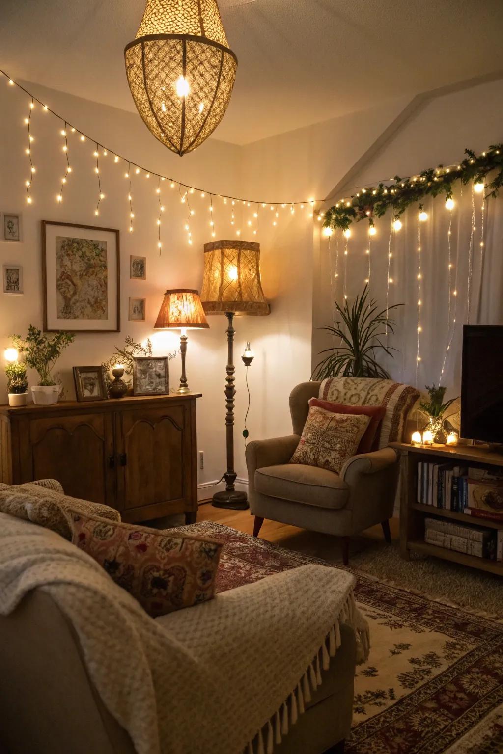 A living area glowing with soft, inviting ambient light.