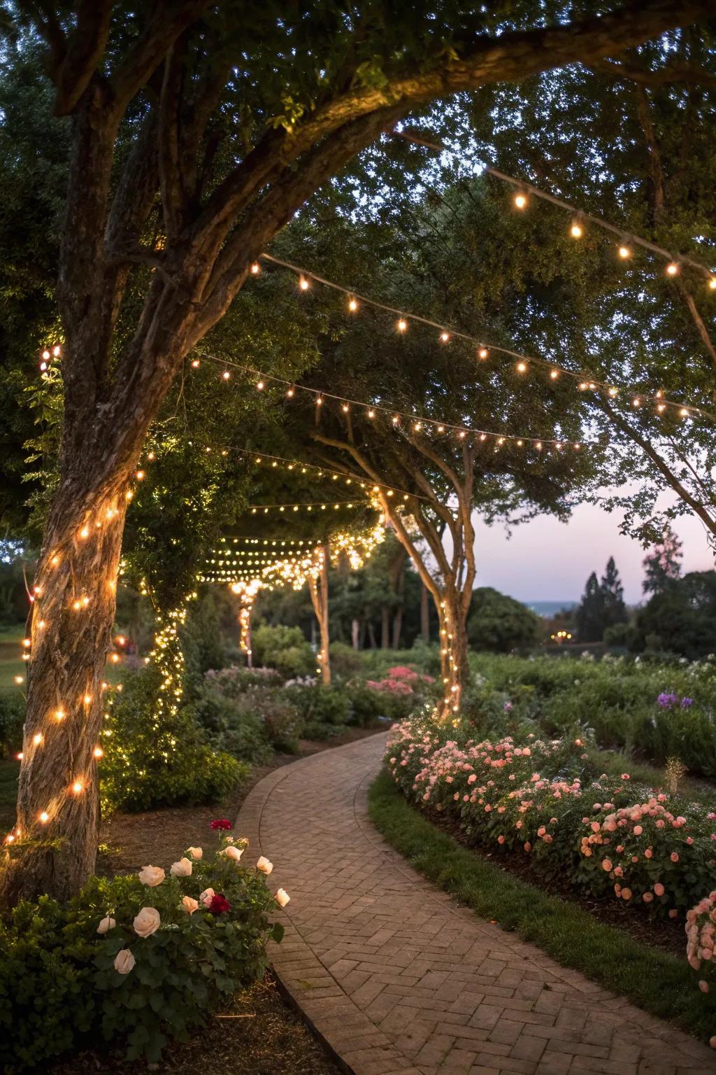 A garden transformed by enchanting decorative lights.