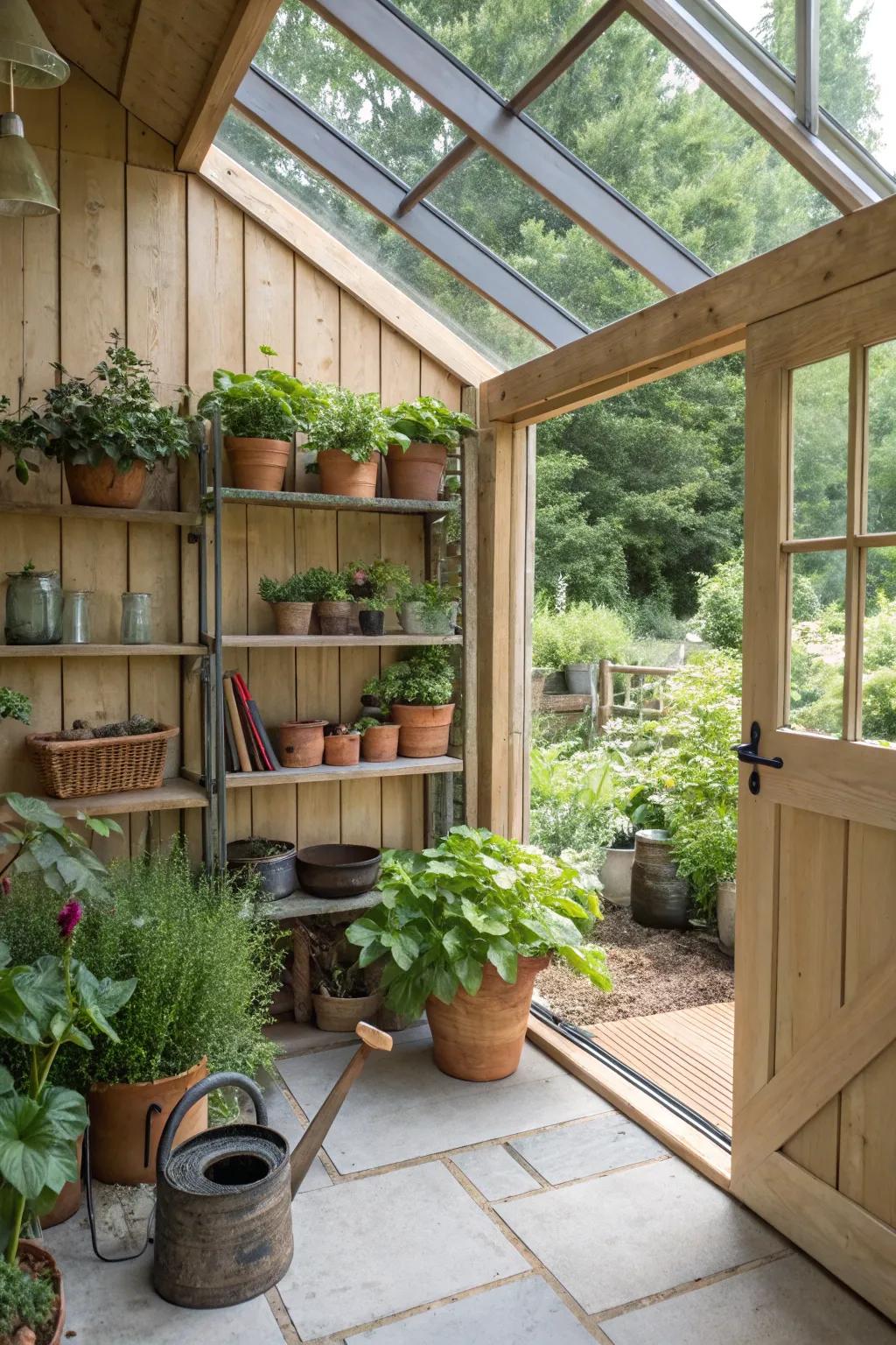A thriving small greenhouse for plant enthusiasts.