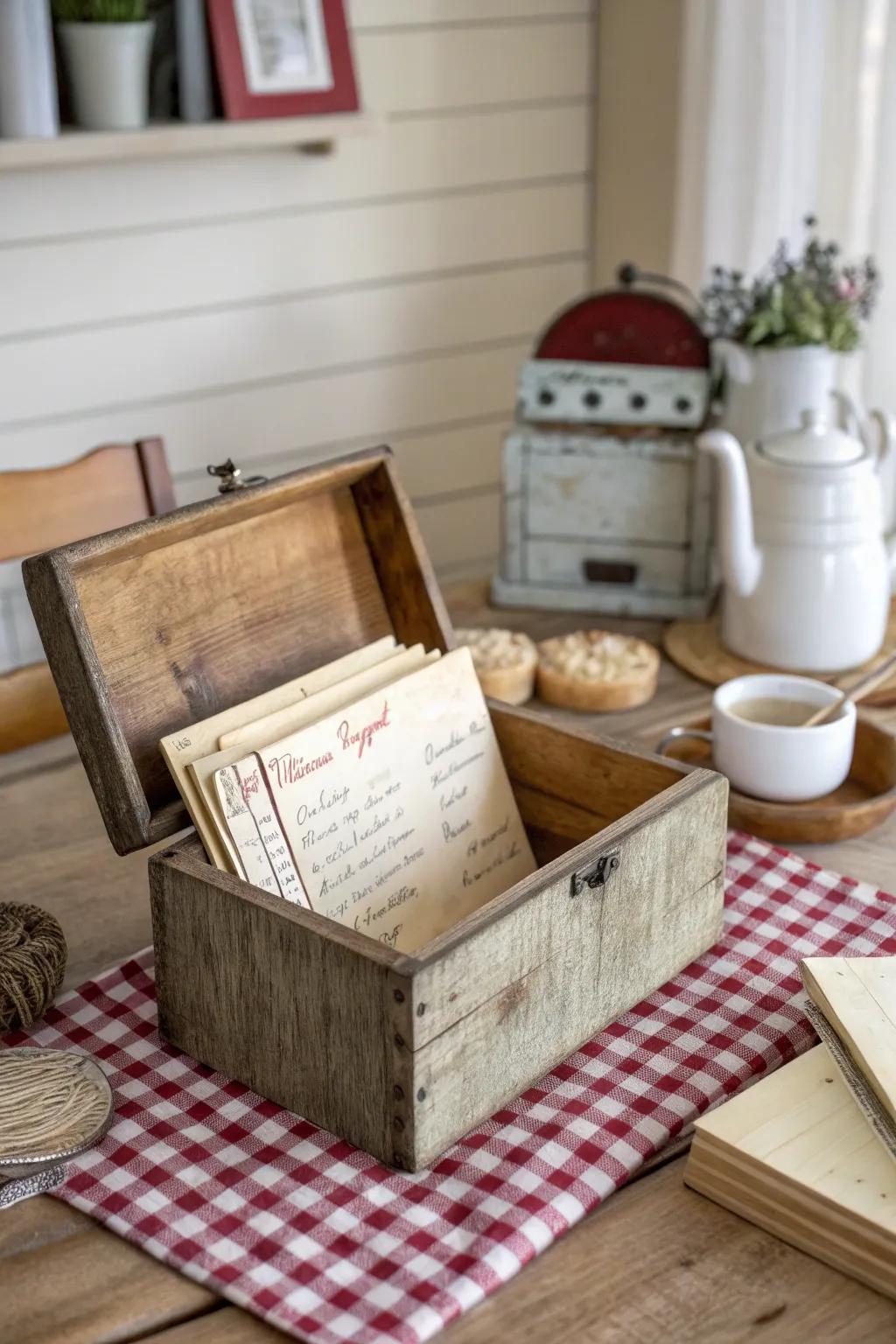 A wooden recipe keeper beautifully preserves culinary traditions.