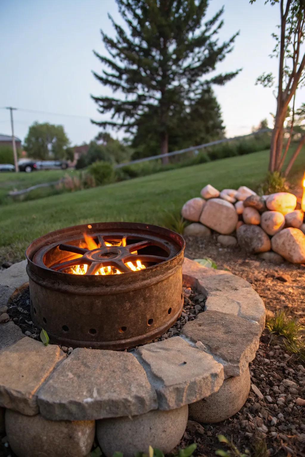 An auto rim fire pit is a unique and eco-friendly backyard addition.