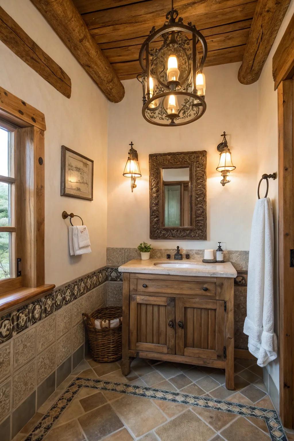 This lovely bathroom has a timeless feel thanks to the antique fixtures.