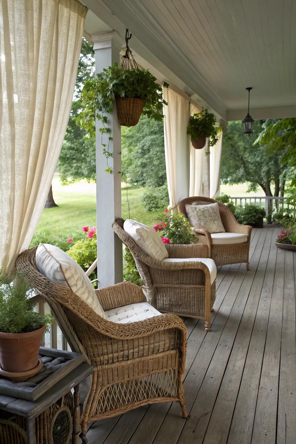 Interlaced rattan furniture contributes a classic accent to your country porch.