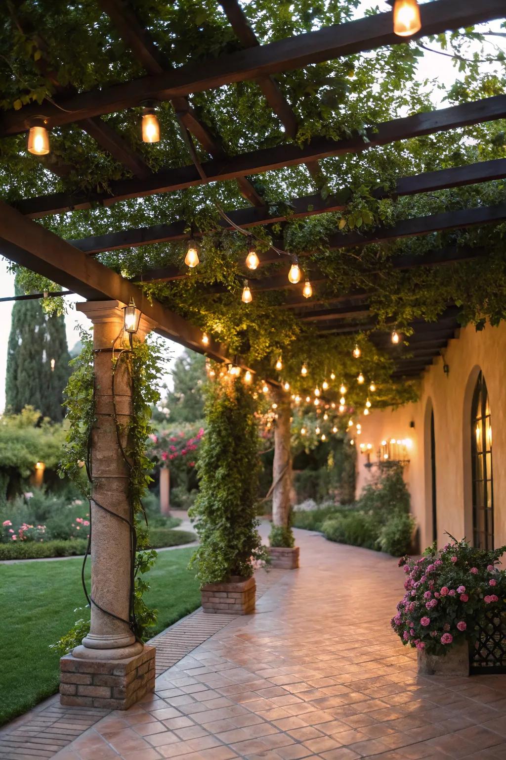 Suspended lights forge an enchanting atmosphere beneath the arbor.