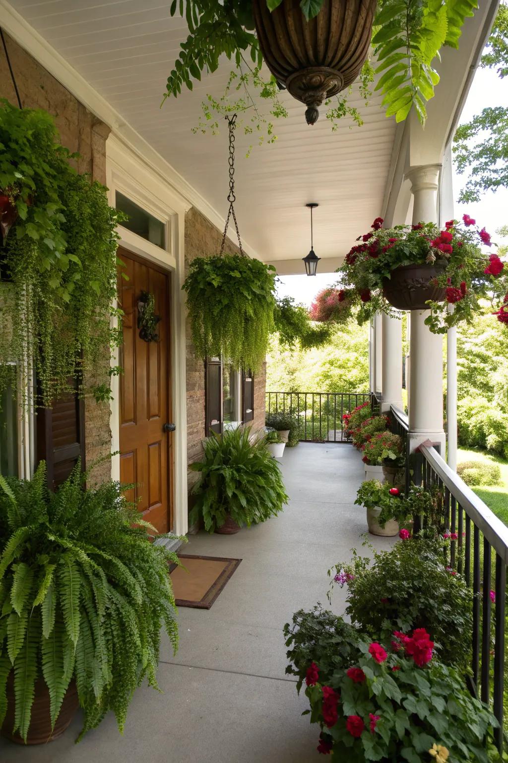 Lush flora breathes vitality into the porch landscape.