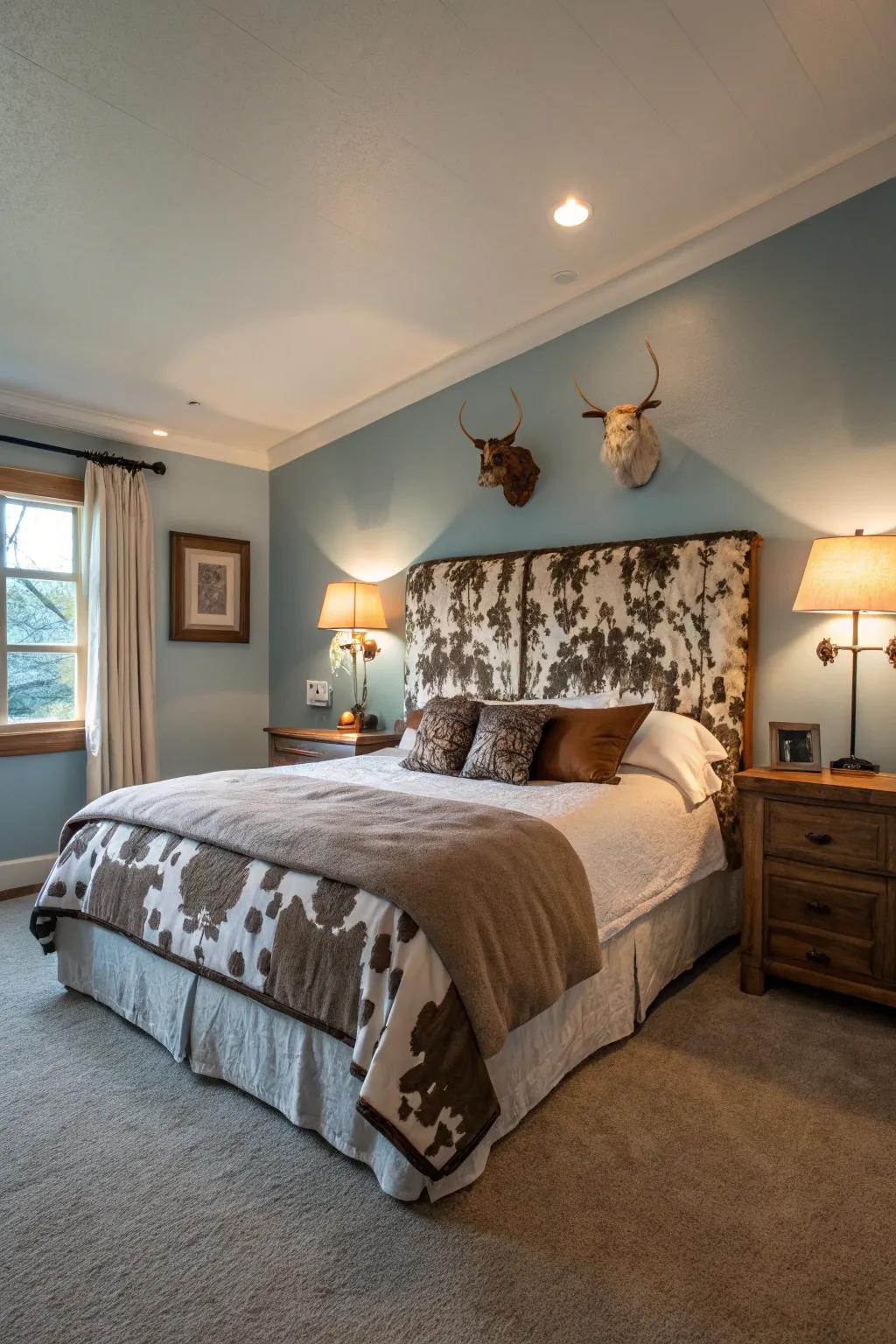 A sleeping quarter enhanced with a countryside hide headboard.