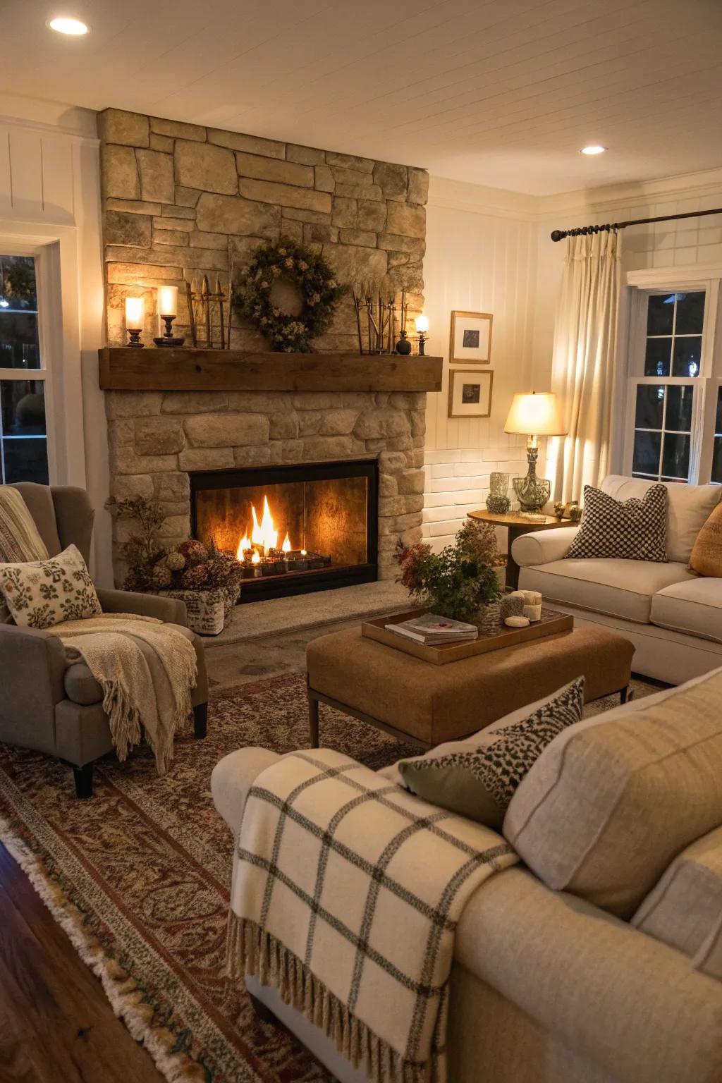 A fireplace establishes a welcoming and warm focal point.