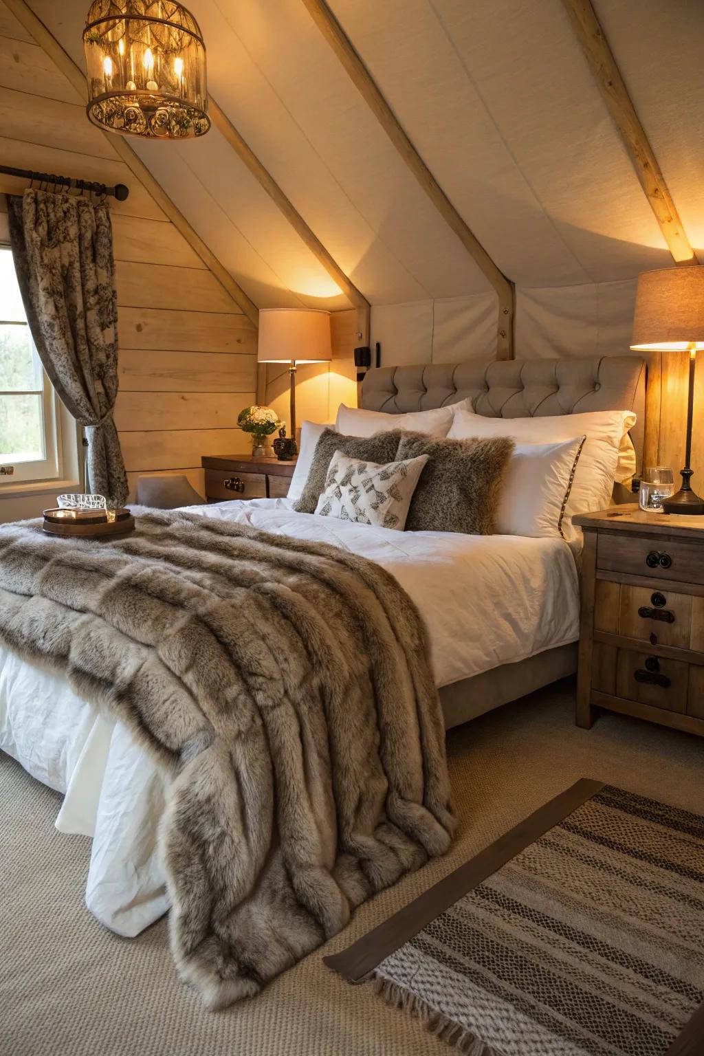 A luxurious bedroom showcasing soft synthetic fur throws and a snug ambiance.