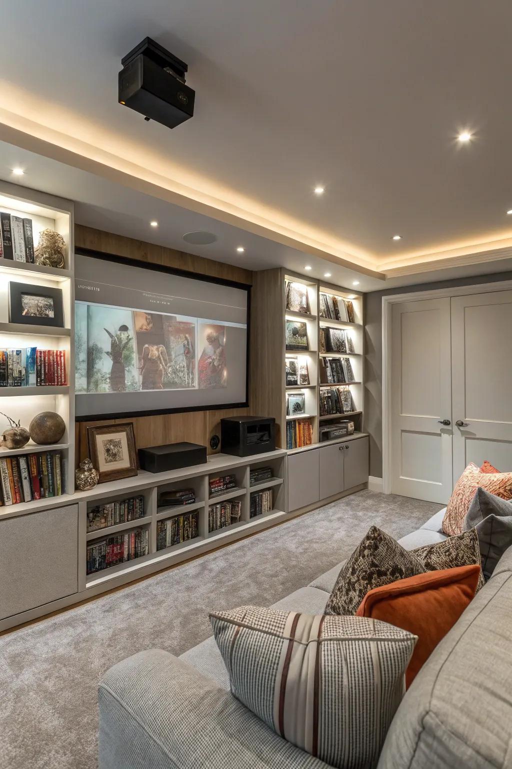 With built-in shelving, your cinema room is stylish and organized.