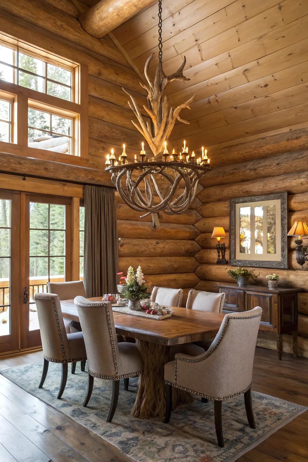 A Nature's Crown Chandelier adds a rustic sophistication to a log cabin's dining area.