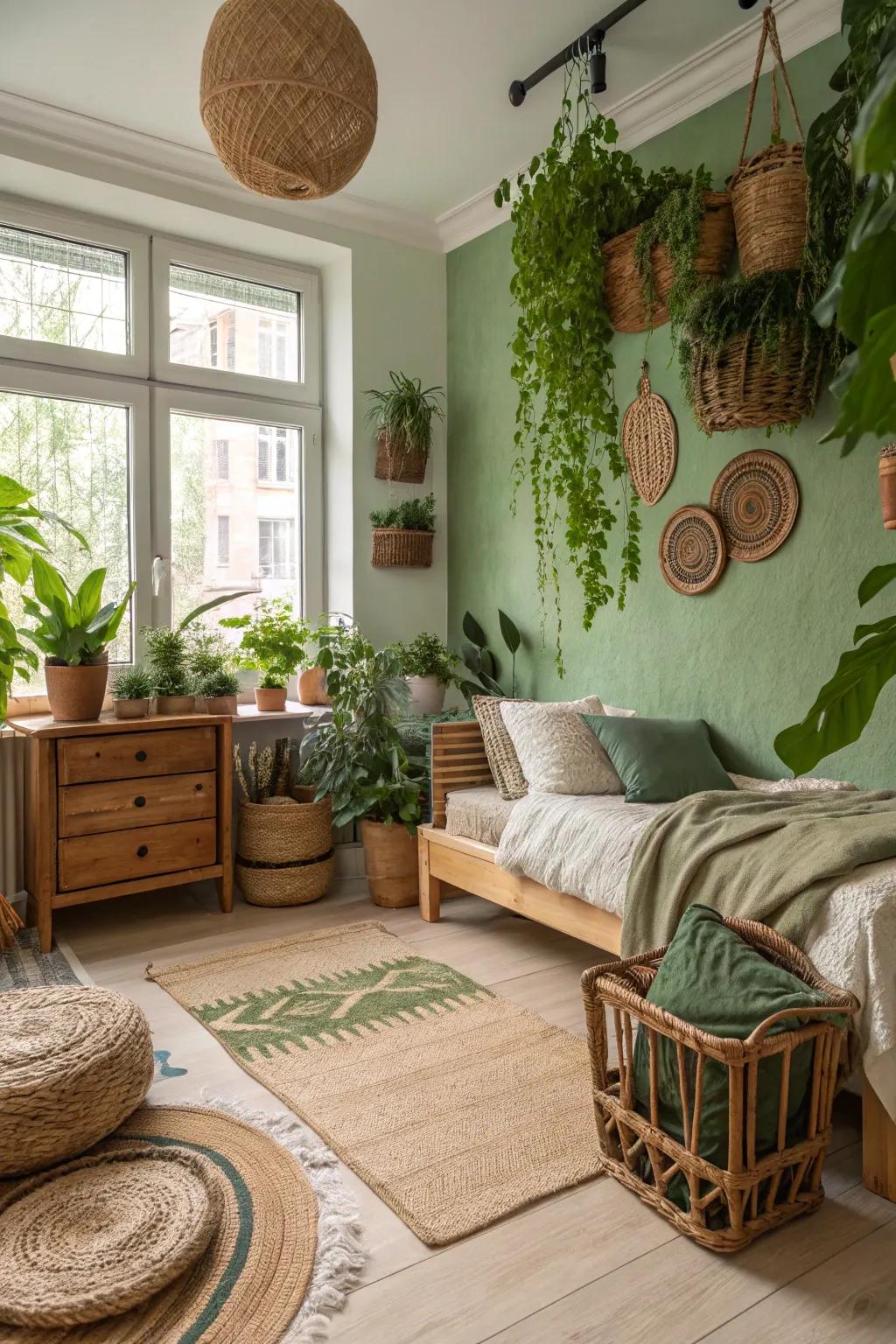 A nature-inspired bedroom featuring abundant greenery and earthy motifs.