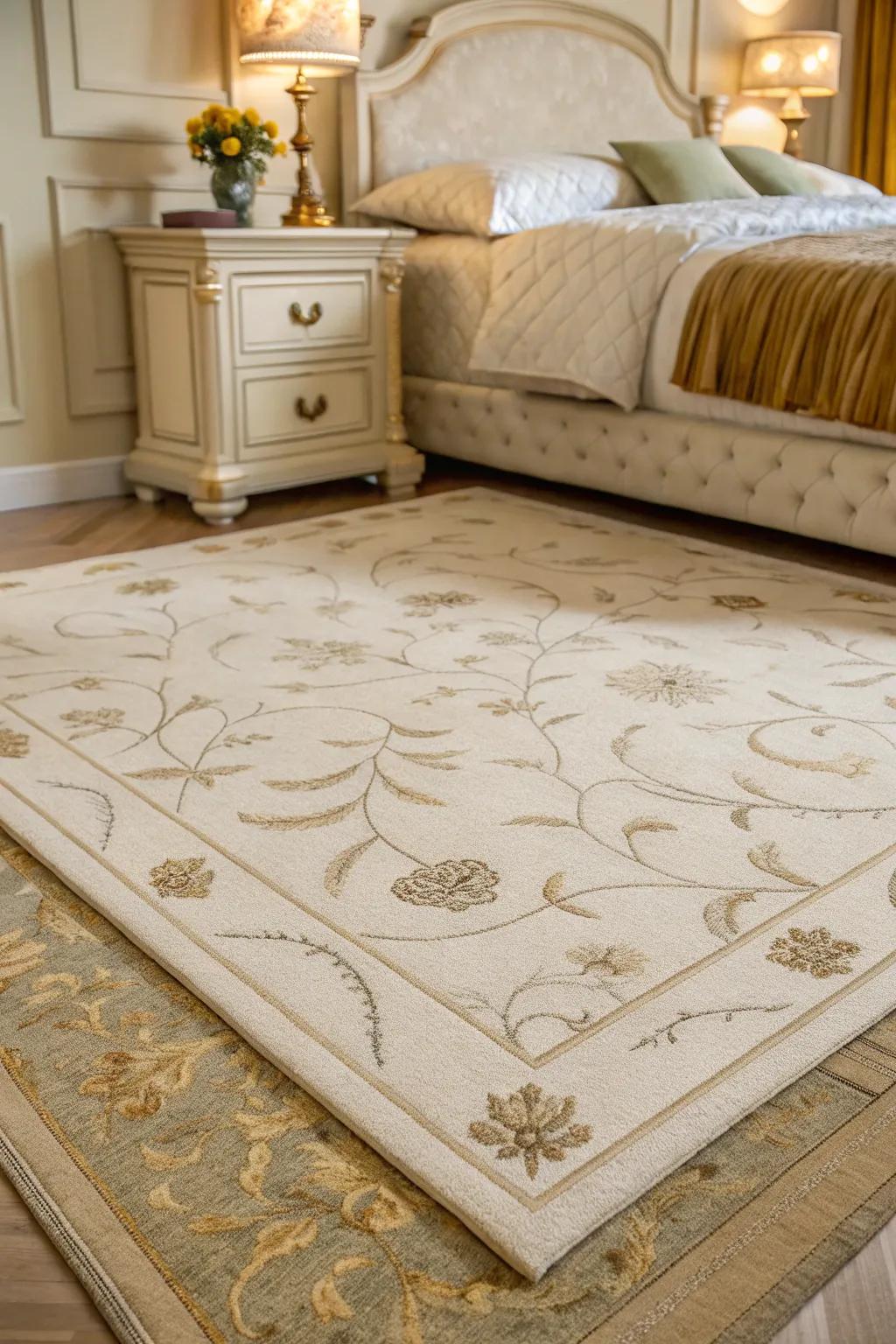 A subtle rug contributes comfort and cohesiveness to the bedroom’s decor.