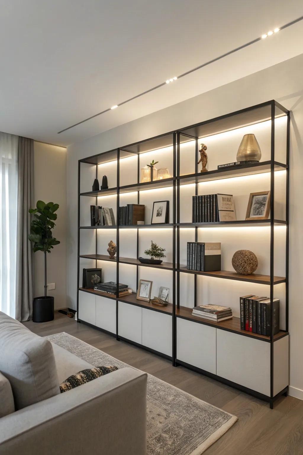 Minimalist bookshelves accentuate elegance and simplicity.