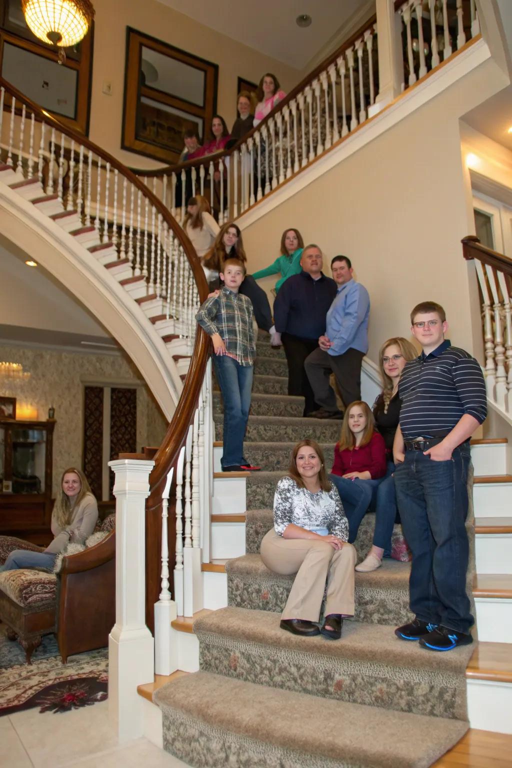 Staircases naturally offer levels for inventive family photo arrangements.