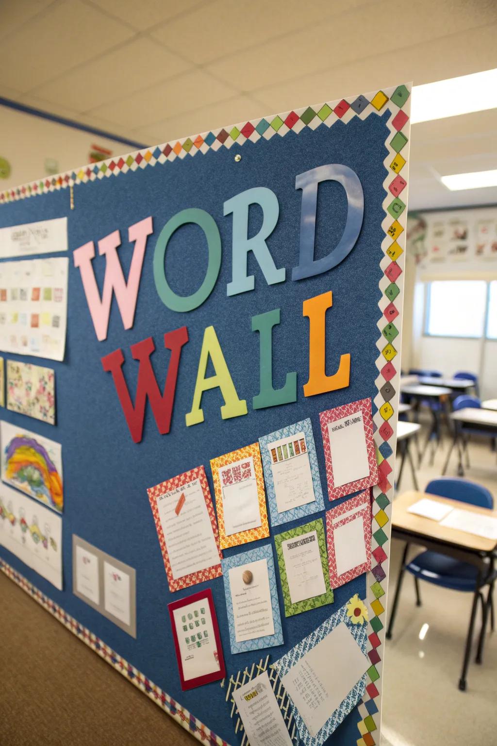 A traditional lexical display utilizing notice board materials for ornamentation