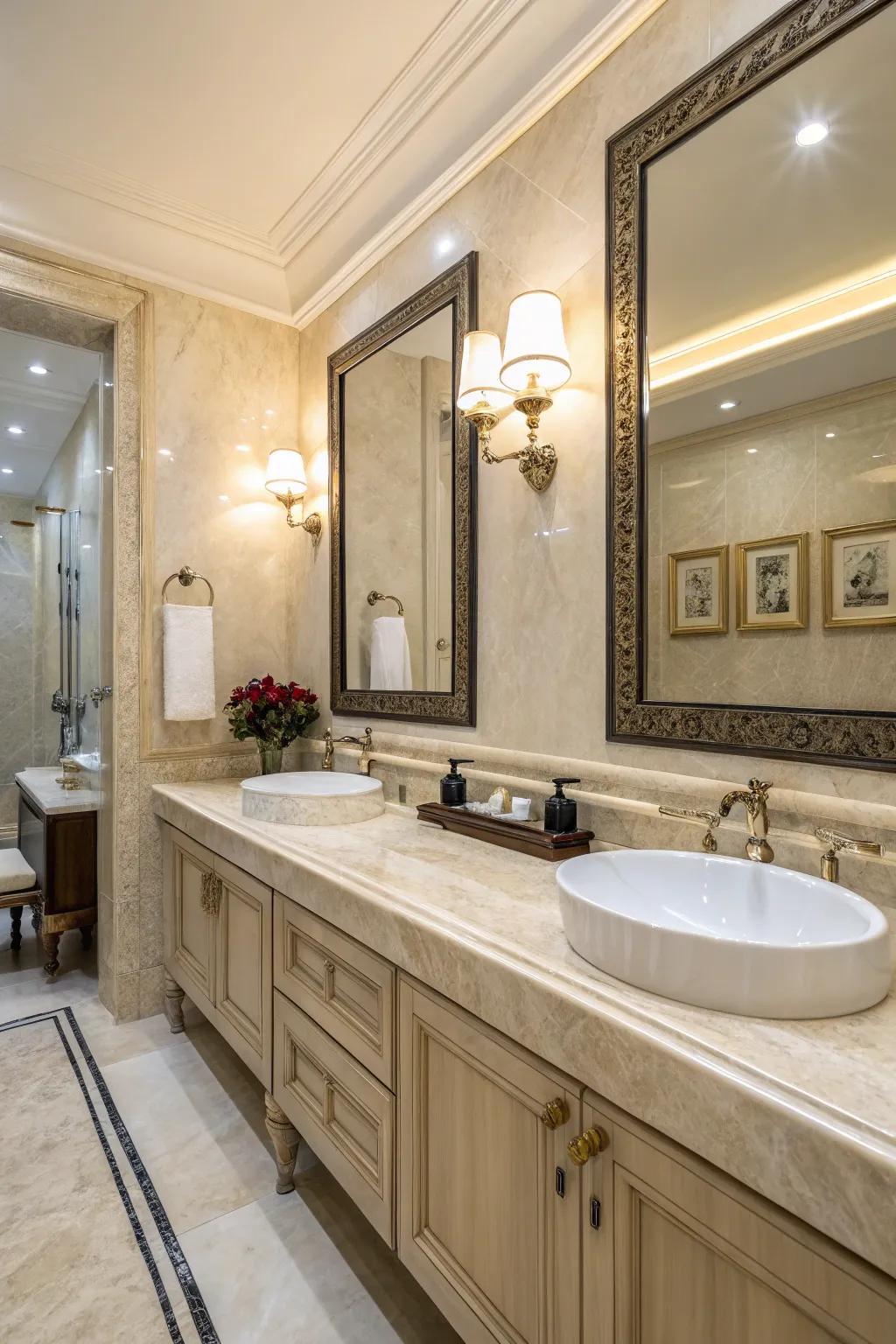Classic meets modern with ivory pearl stone.