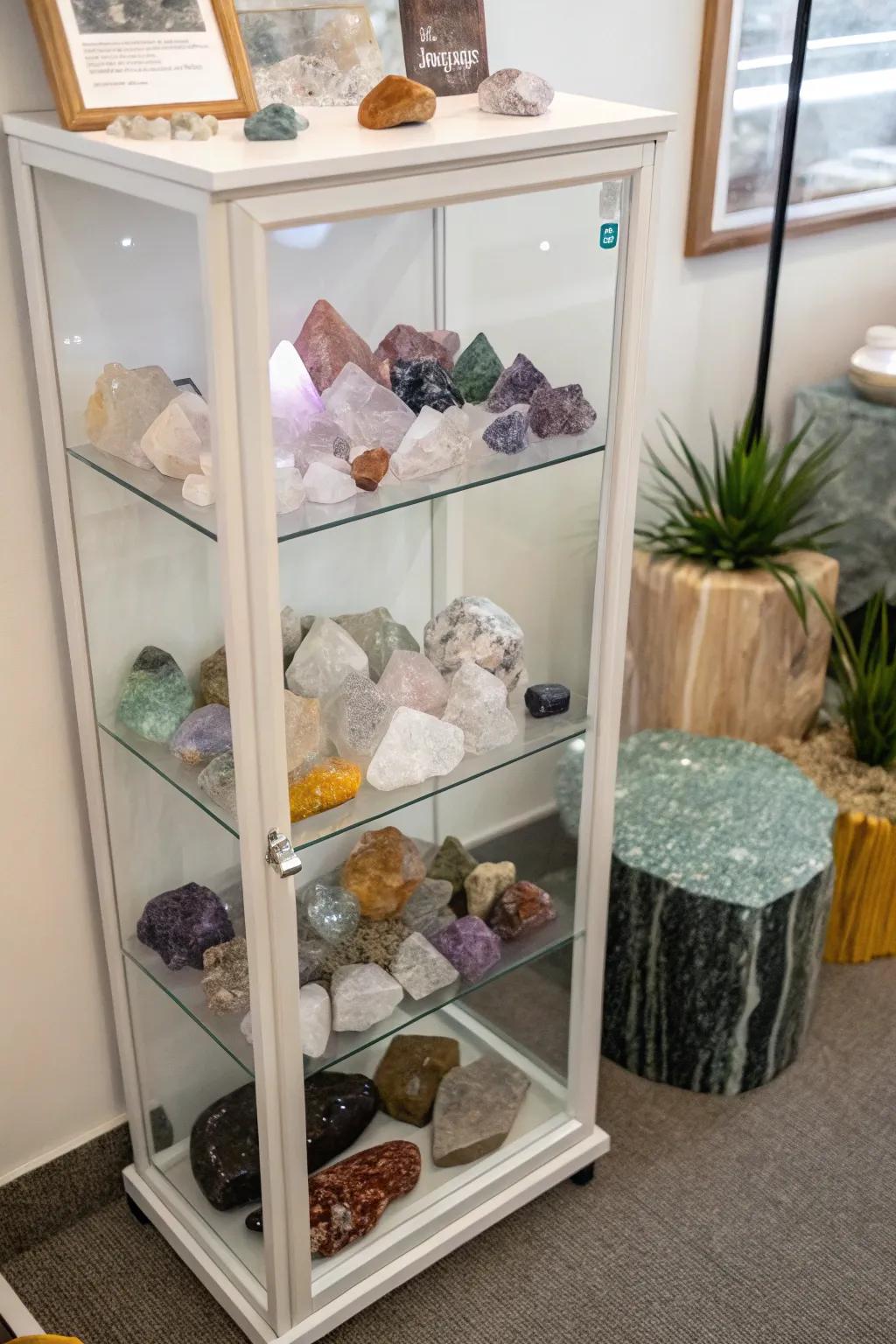 A transparent cabinet showcasing a sophisticated crystal assortment.