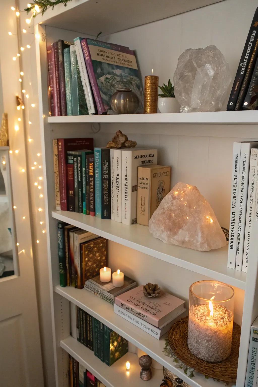 Crystals exquisitely integrated into a bookshelf arrangement.