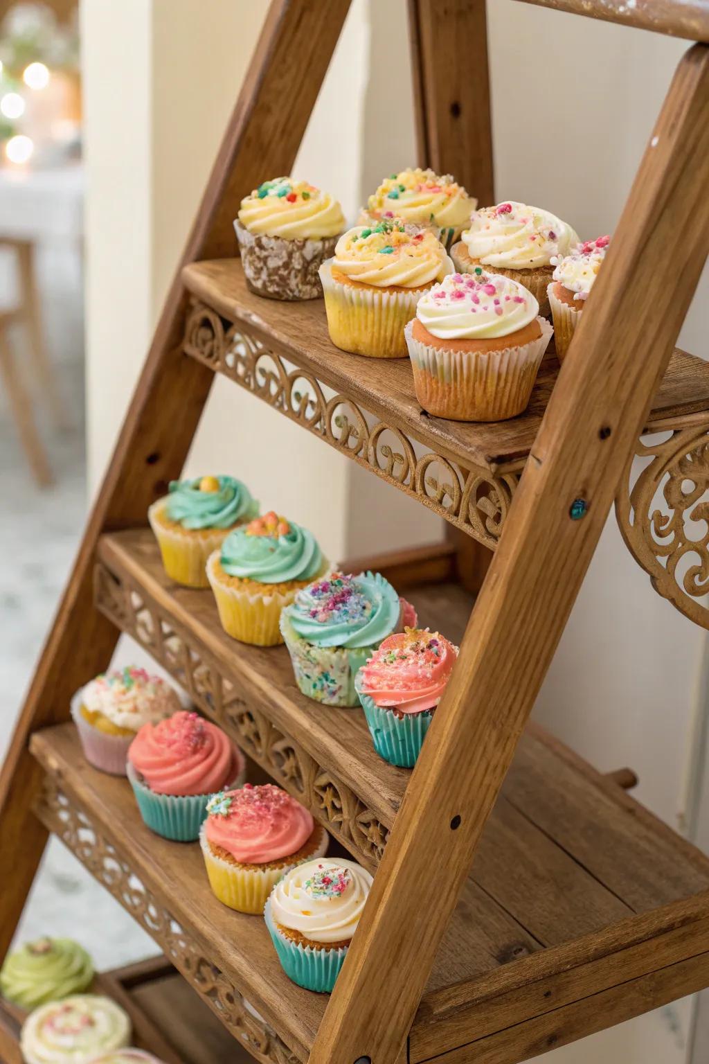 A ladder creatively turned into a cupcake display.
