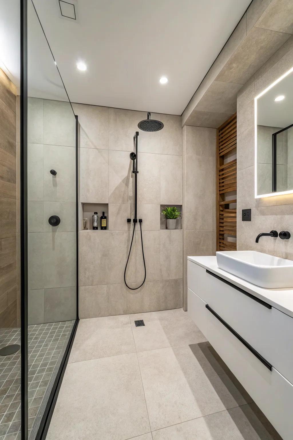 Minimalism shines in this pristine, clutter-free open shower.
