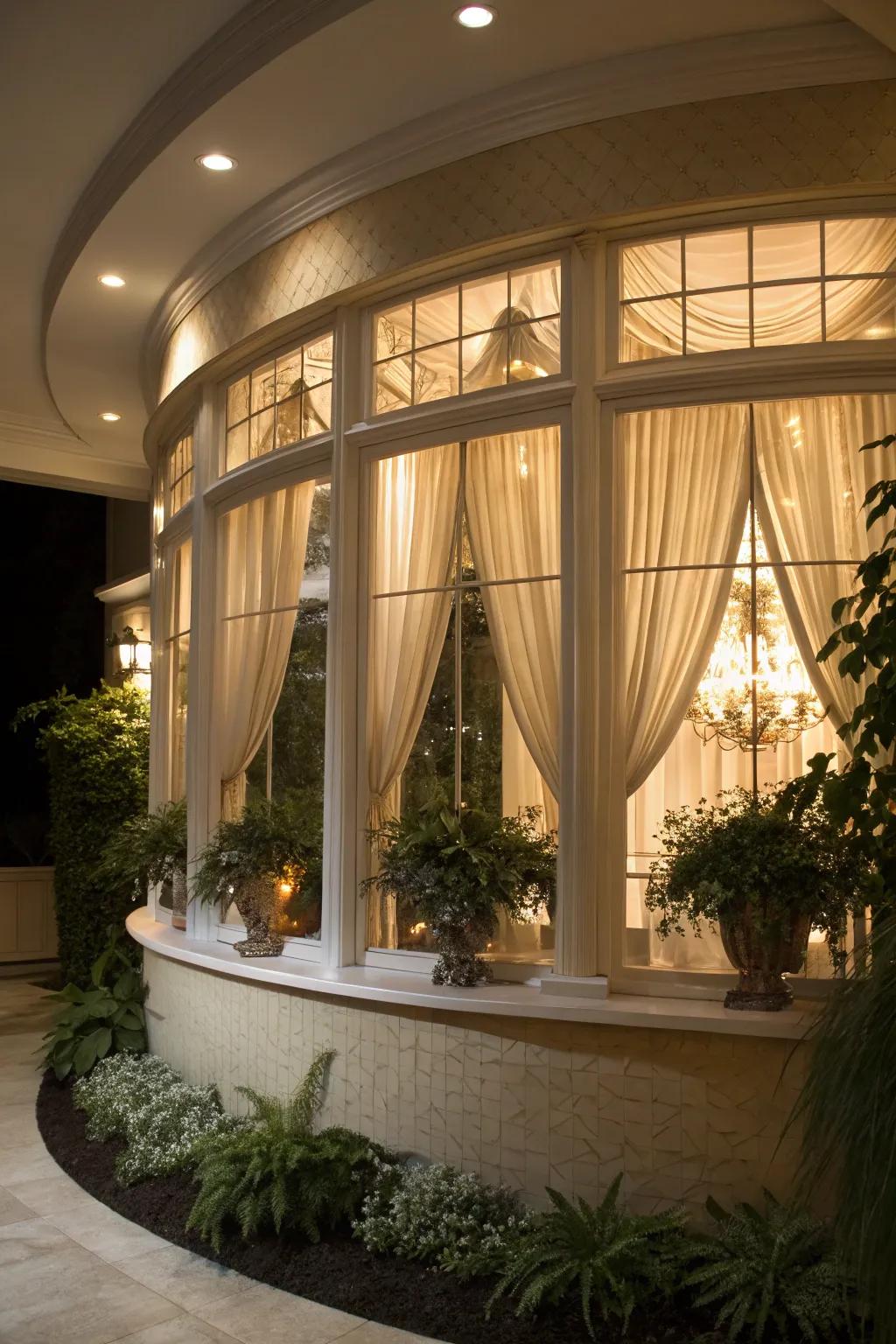 Accent lighting enhancing the sophistication of a curved bay window.
