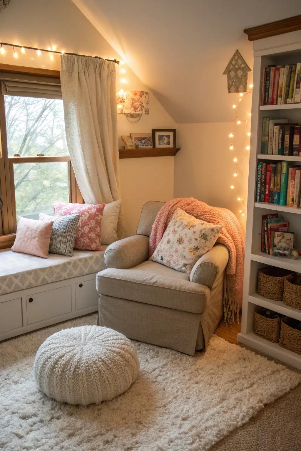 A snug nook designed for reading and relaxation in a shared space.