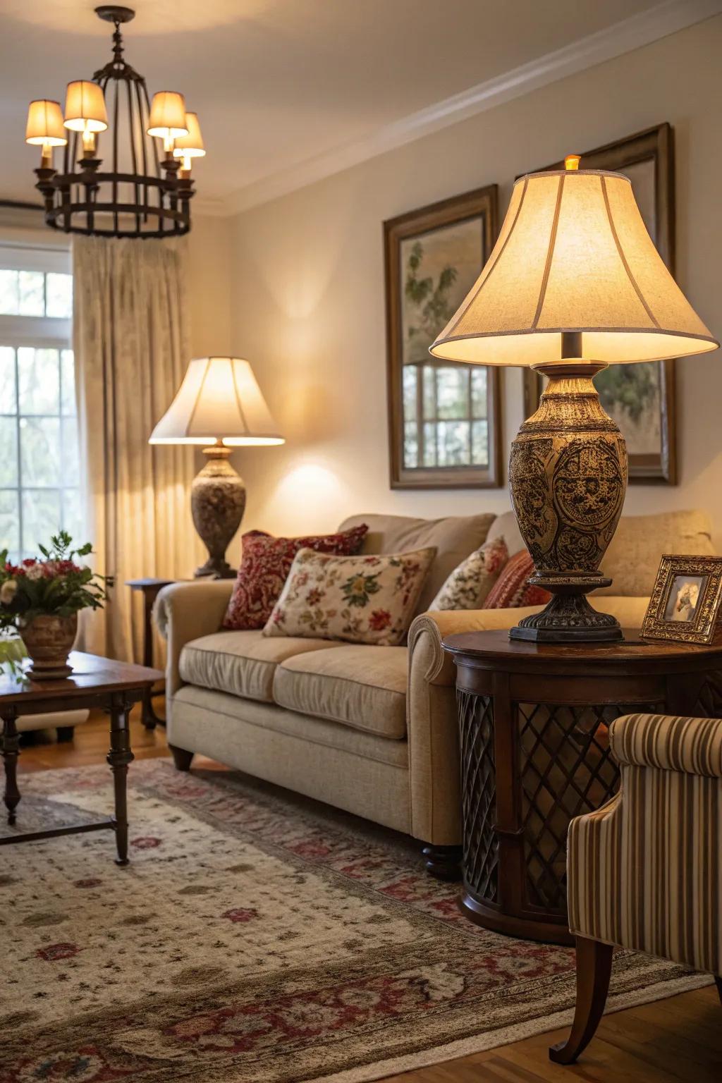 Layered illumination cultivating a warm and welcoming setting.