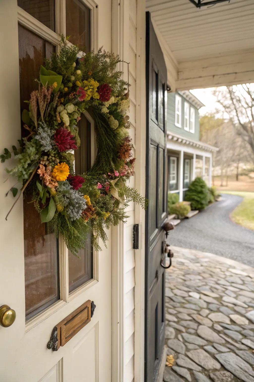 A seasonal garland door accent that evolves with the seasons.