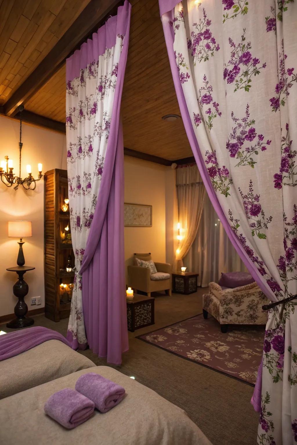 Purple floral curtains adding natural elegance.