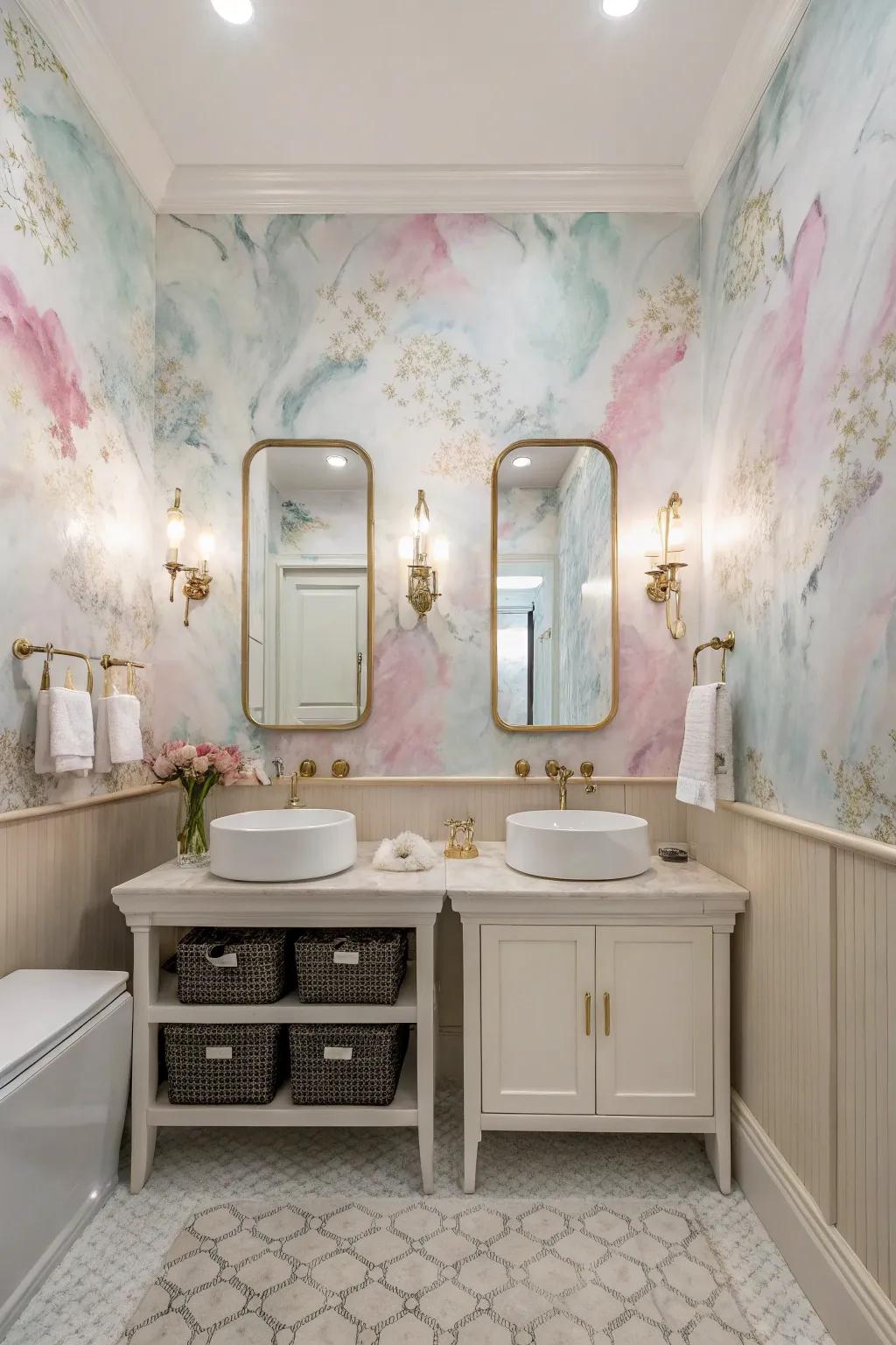A bathroom featuring a soft watercolor effect wall covering, creating a spa-like atmosphere.