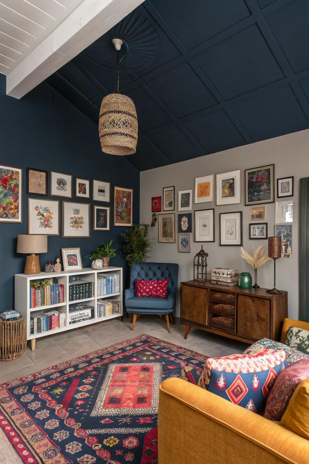 An eclectic chamber featuring an adaptable deeply shaded cerulean overhead.