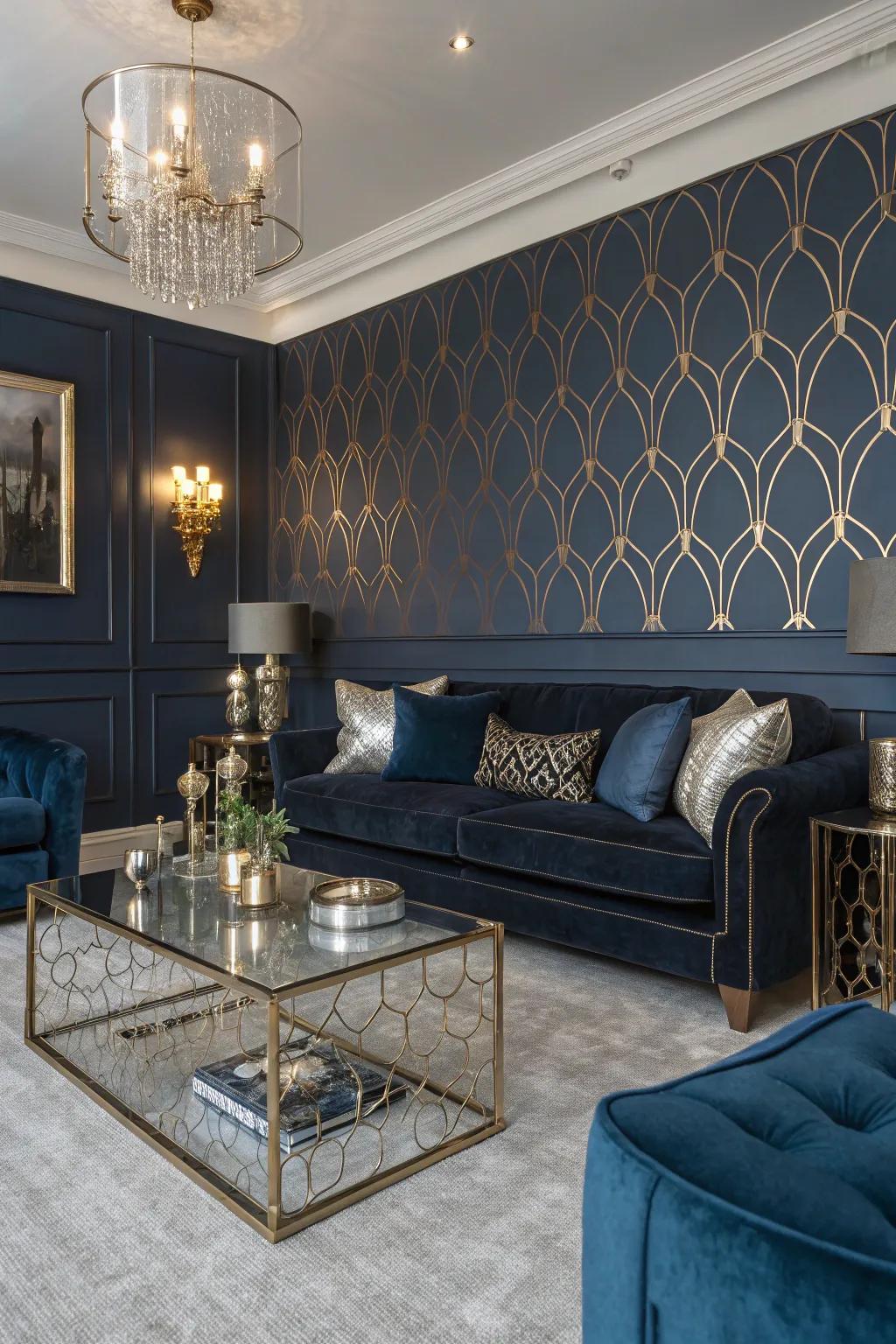 Metallic features contribute a hint of luxury to deep indigo walls.