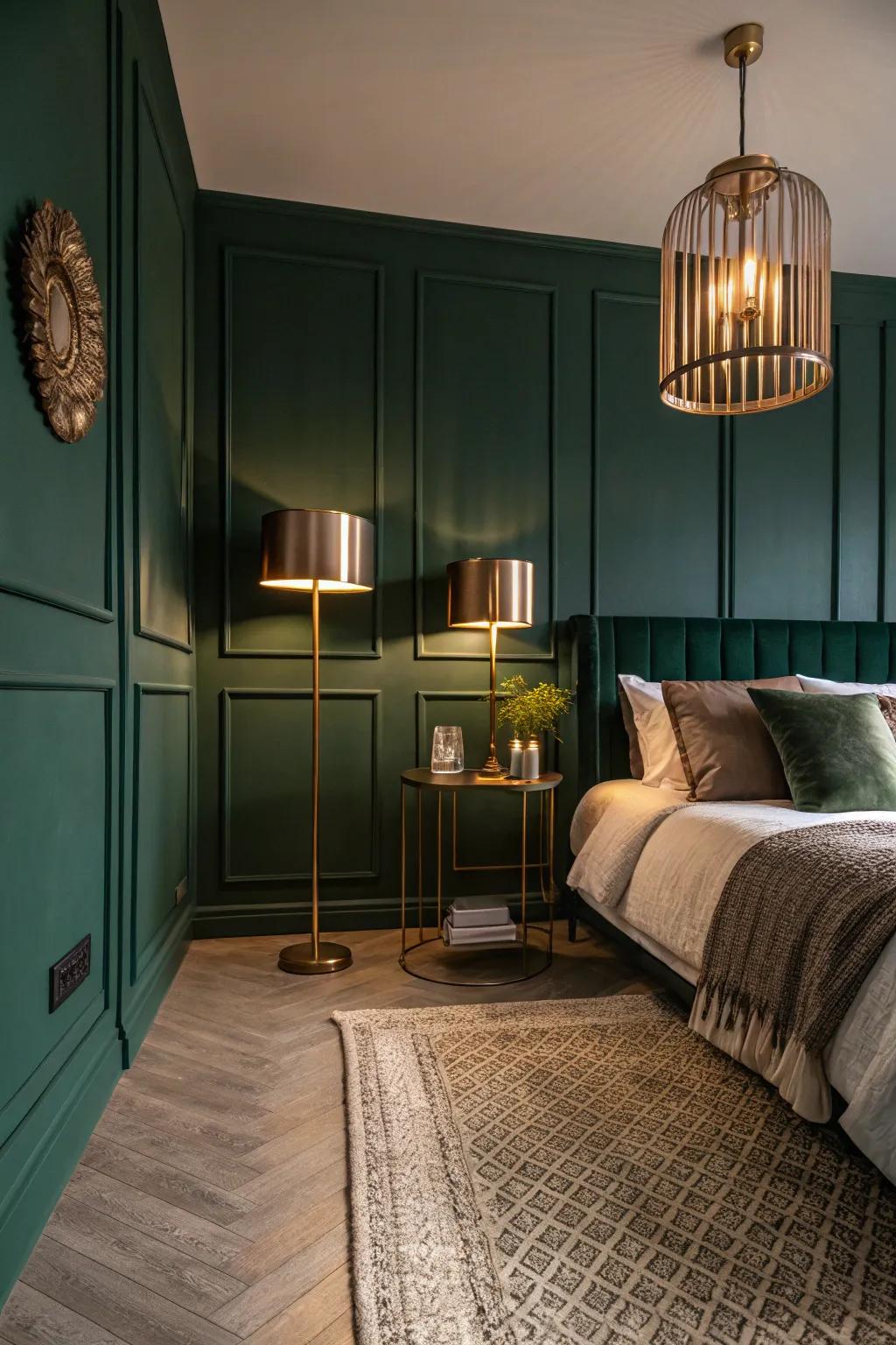 A shadowy jade bedroom ornamented with metallic lamps and neutral-toned rugs.