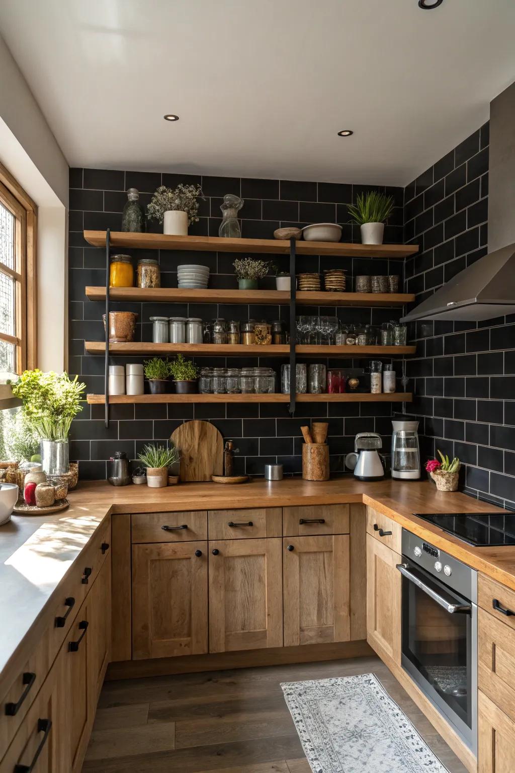 A kitchen with a dark backsplash and open wooden ledges for showcasing decorative items.