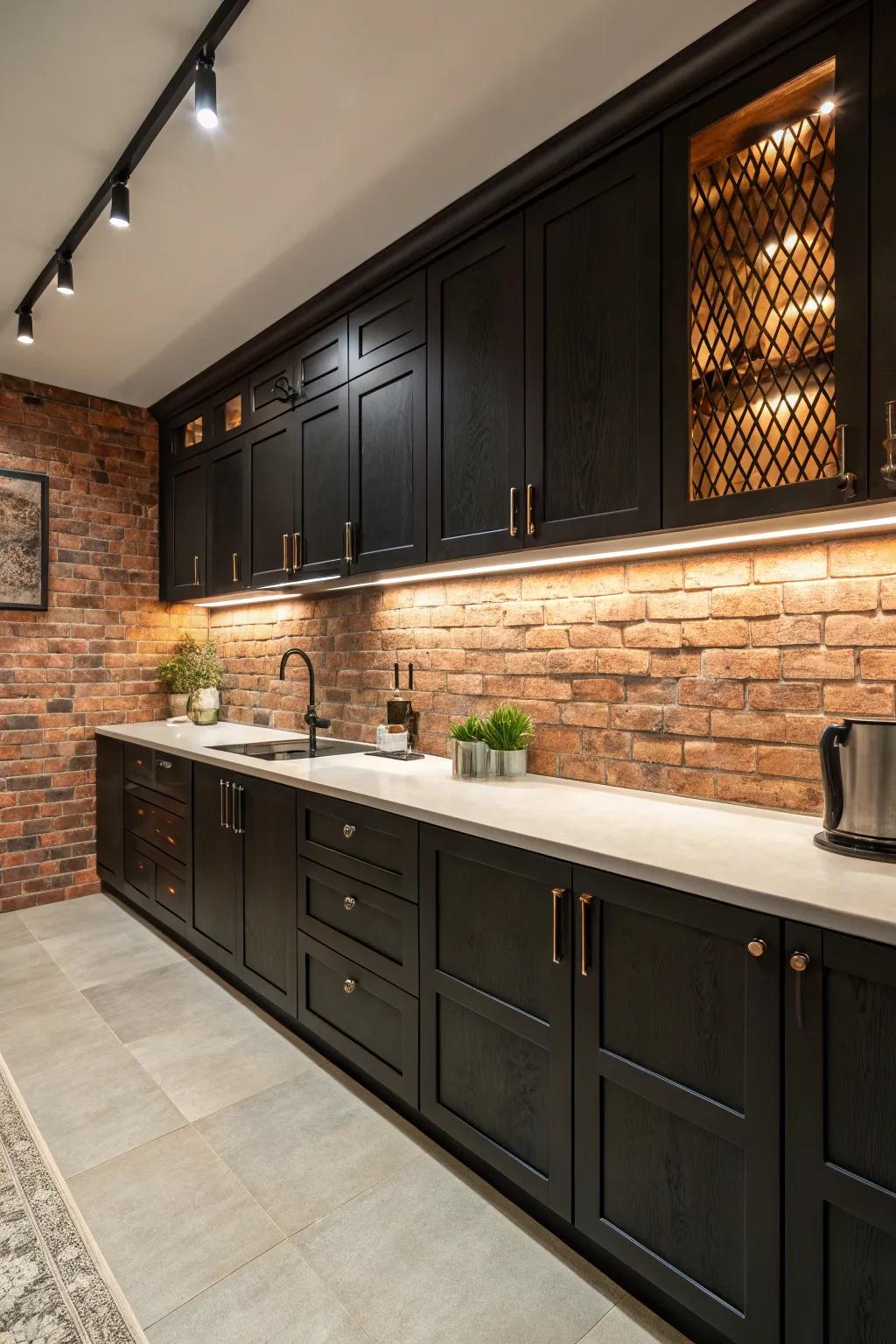 A textured brick backsplash introduces dimension and visual interest to the kitchen.