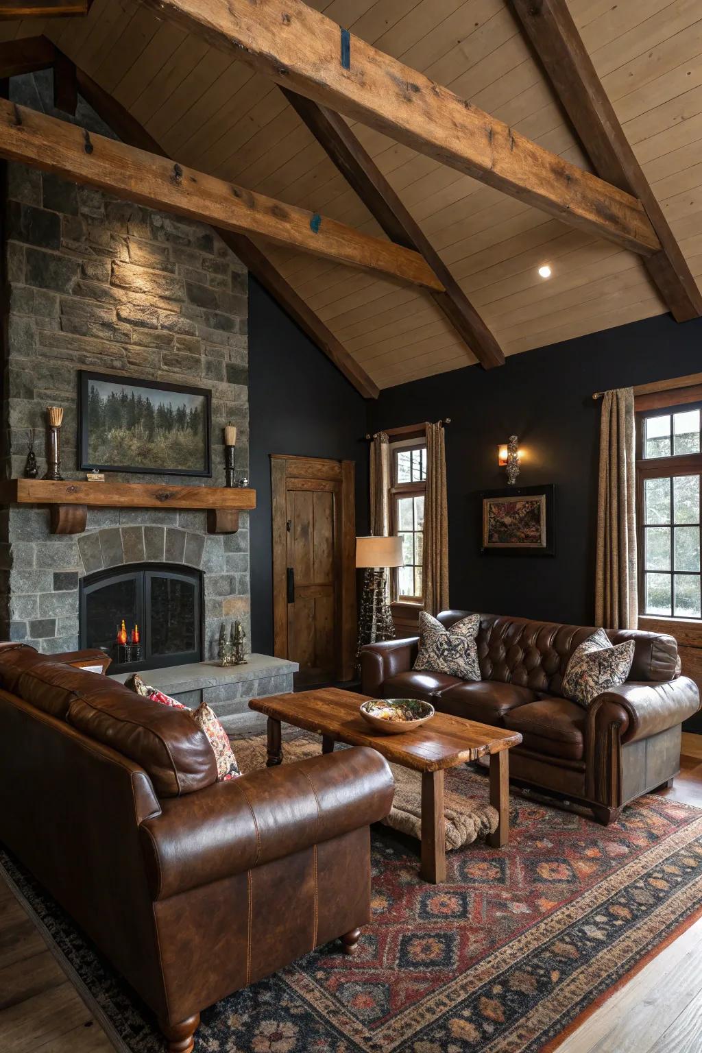 A warm, farmhouse living space featuring a cabin-like feel.