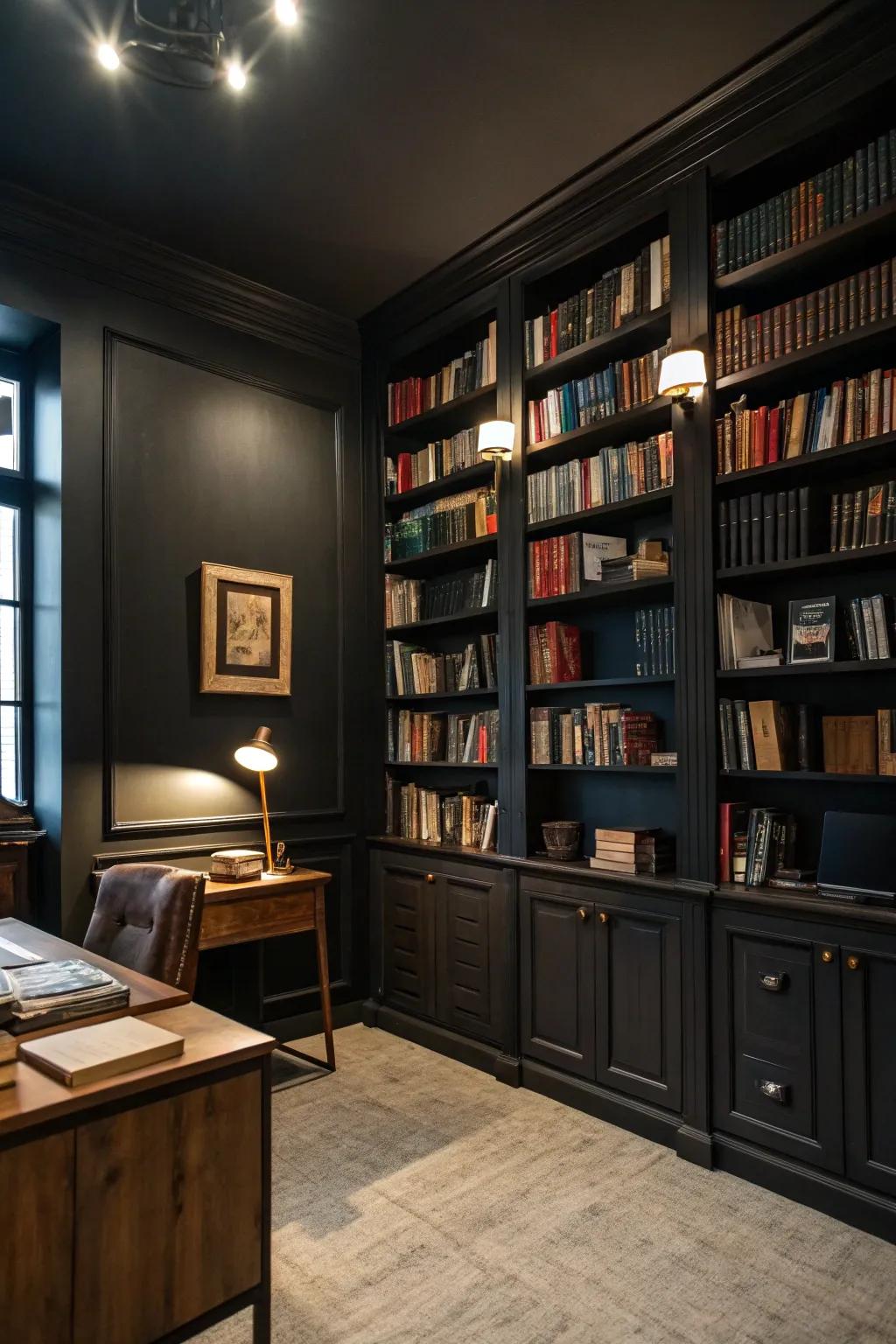 Bookcases append texture and intrigue to the office.
