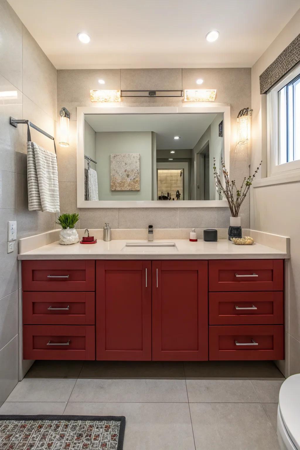 An audacious crimson vanity acts as a striking centerpiece in the restroom.