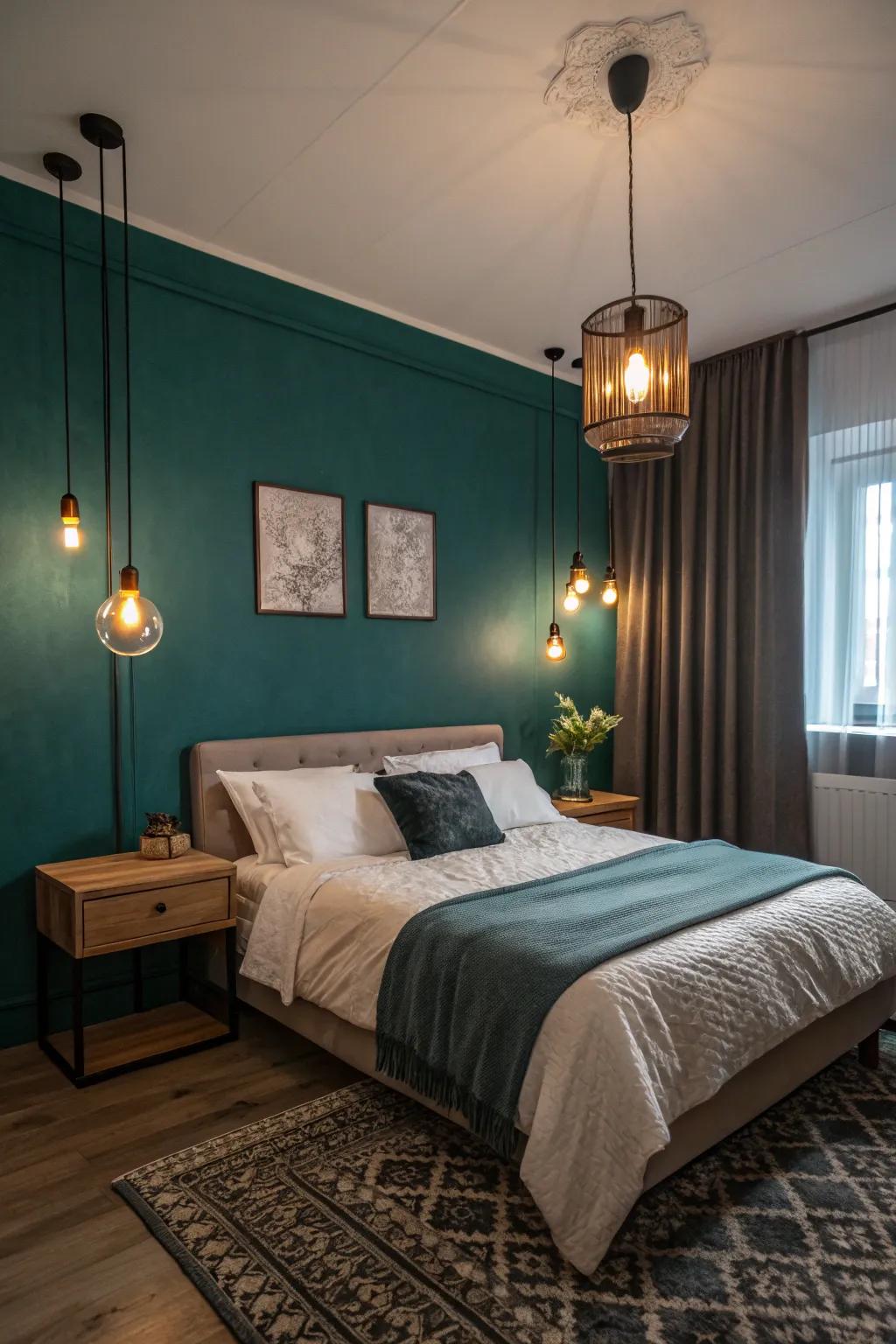 Layered illumination heightens the mood within a teal room.