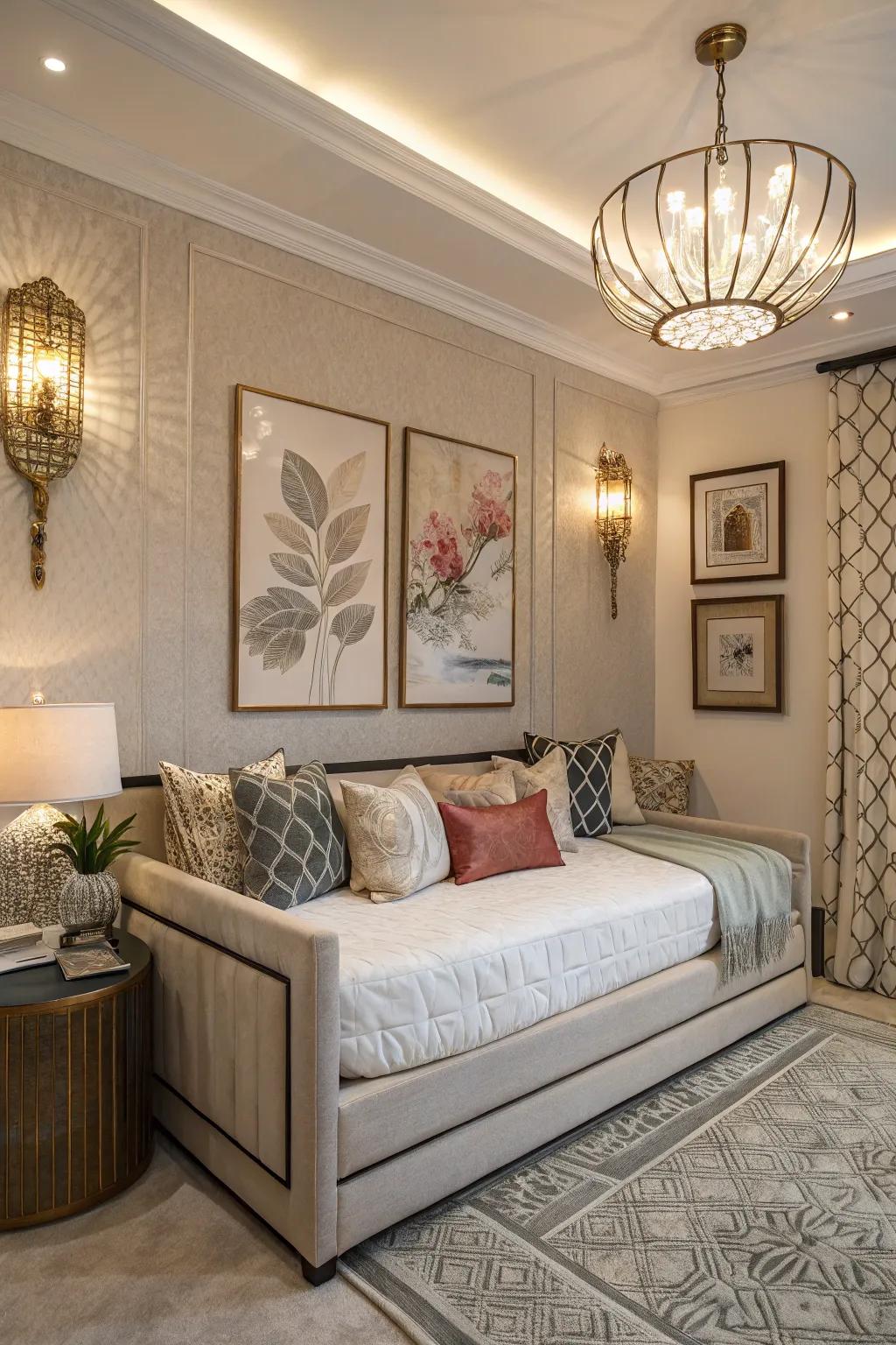 Daybed enhanced by art and special lighting