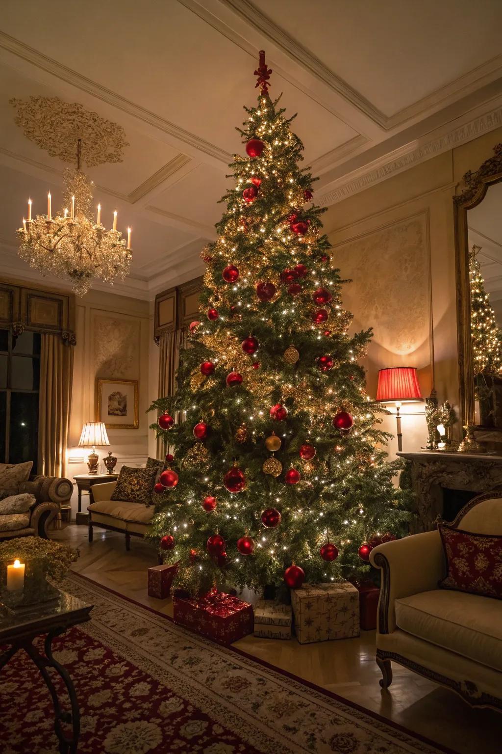 A classic Christmas tree showcasing scarlet and gold illumination and customary embellishments.