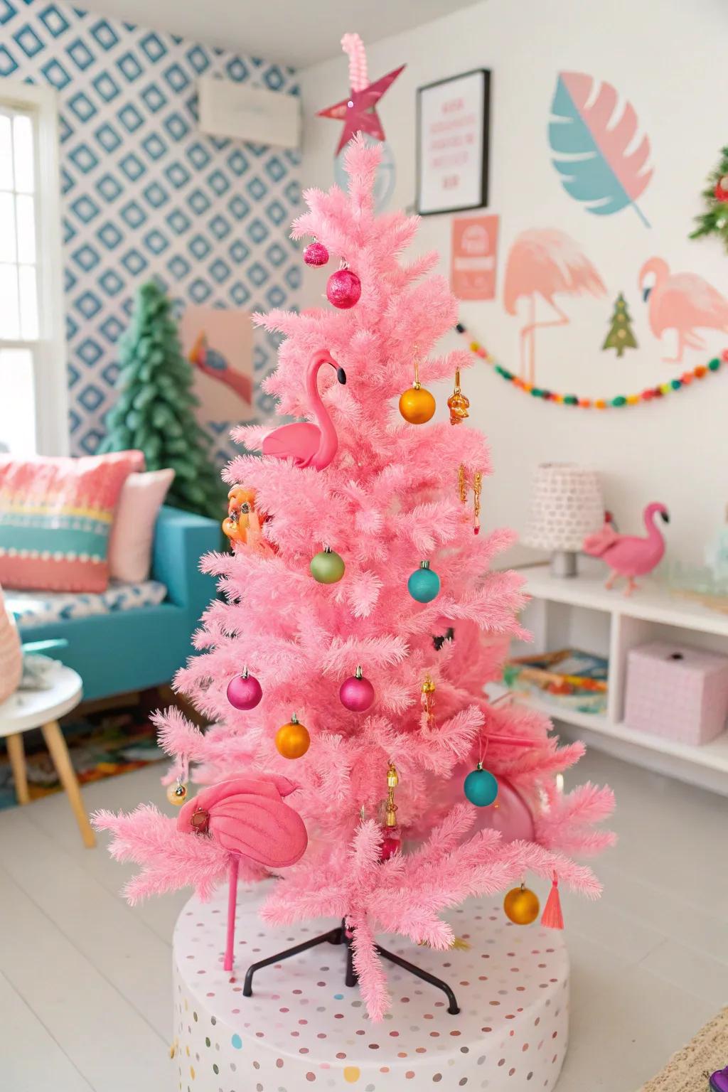A playful rose-colored tree spotlighting fun flamingo accents.