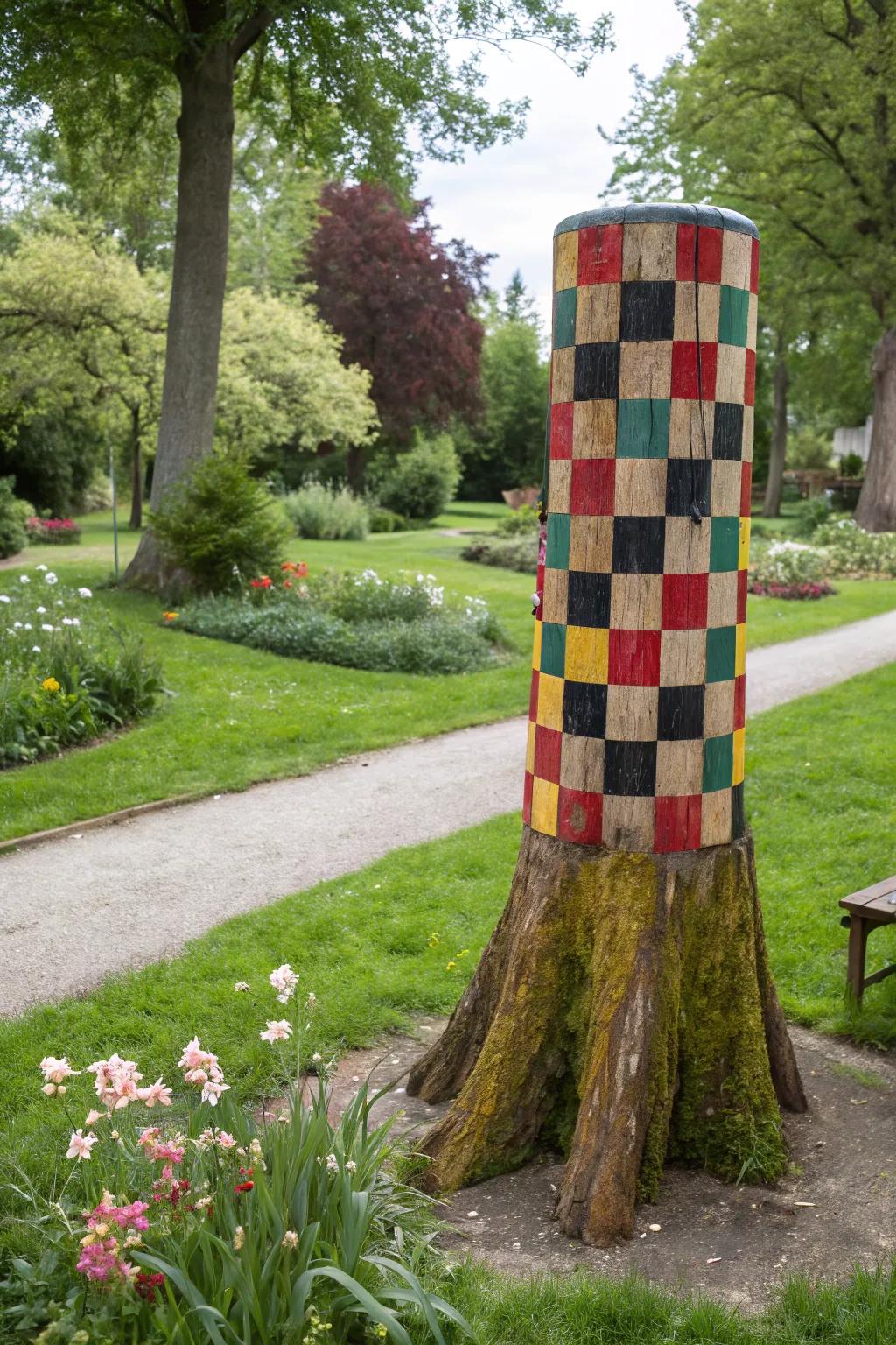 Revel in games outdoors with a tree stump game surface.